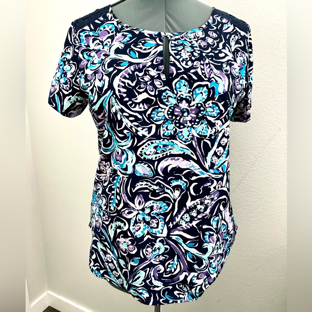 Van Heusen blouse short sleeve lace blue purple floral paisley Medium